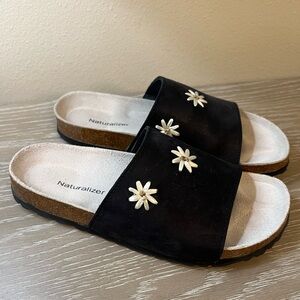 Naturalizer Slide Sandals in Sueded Leather with Sweet Stitched Daisies on Vamp